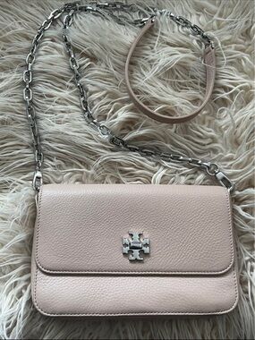 Tory Burch Ivory Pebbled Leather Wristlet Clutch with Silver Logo